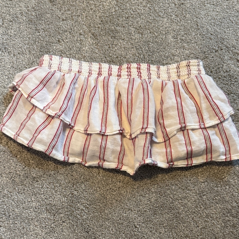 Striped Ruffle Tiered Crop Top- White with Red Stripes